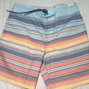 Striped Men's Swim Board Shorts in Light Blue, Coral & Yellow